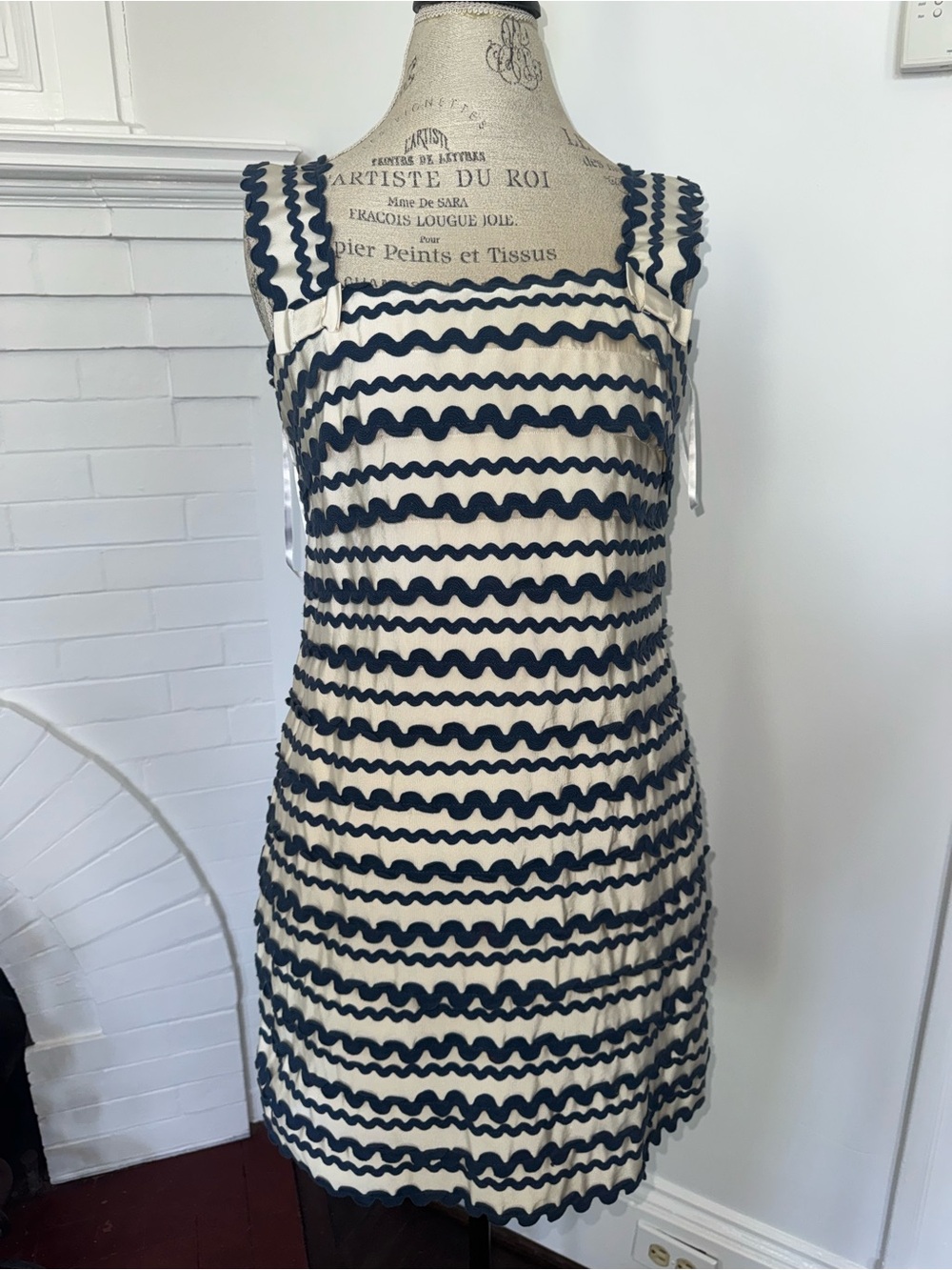 French Connection Black and Cream Striped Sleeveless Mini Dress
